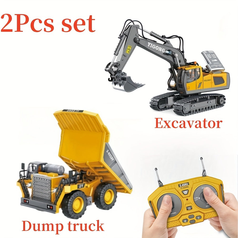 RC Construction Vehicle Set 2-4 Piece – 2.4G 12-Channel Remote Control Excavator, Dump Truck, Bulldozer & Loader, Alloy & Plastic RC Construction Equipment for Kids, Birthday Christmas Gift