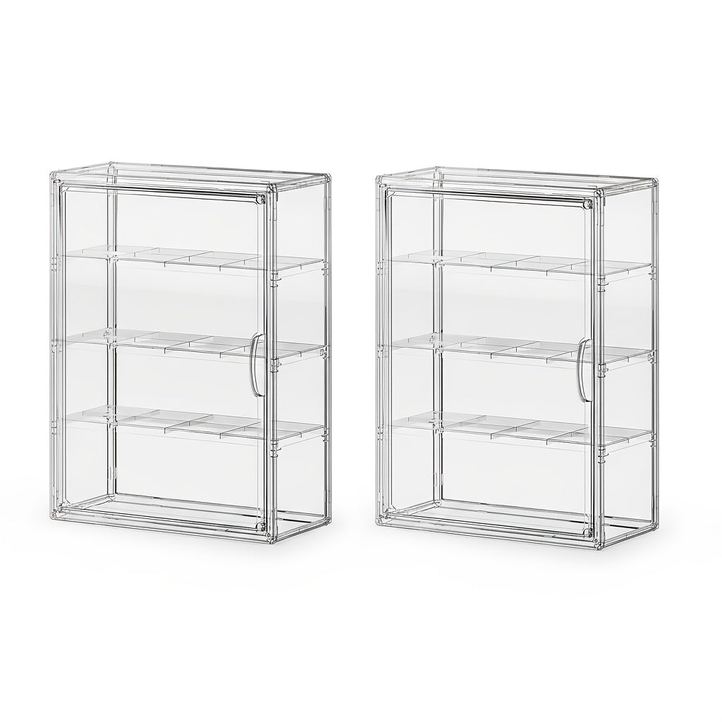 4 Tiers Wall-Mounted Acrylic Display Case | Clear Figure Display with 3 Adjustable Dividers, Magnetic Door, Dust-Proof, Large Collectibles Storage Shelf