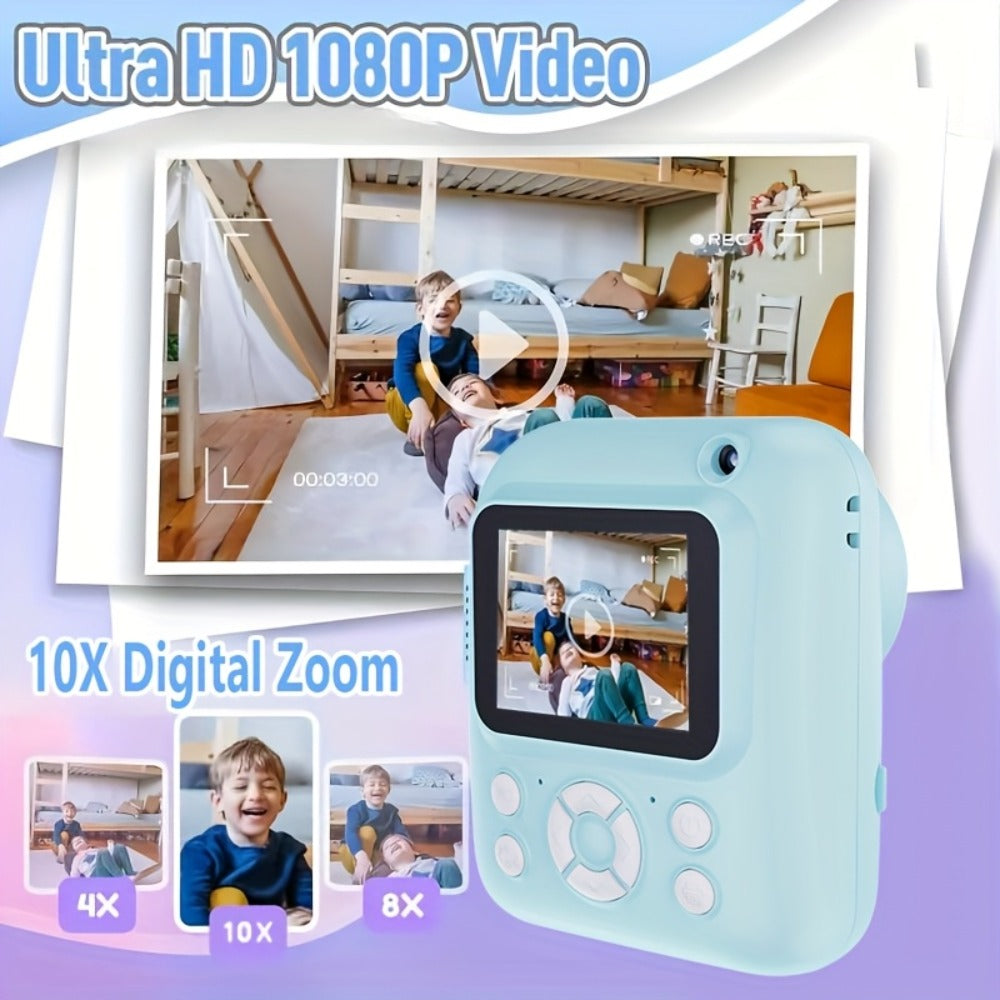 Instant Printer Camera for Kids - Camera Game MP3 3-in-1, Instant Print Photos In 1 Second, Puzzle Games, 10x Digital Zoom, 2.4'' HD Screen, Photography - 32G Card, Card Reader, USB Cable, Lanyard, Print Paper, Storage Bag - Perfect Halloween