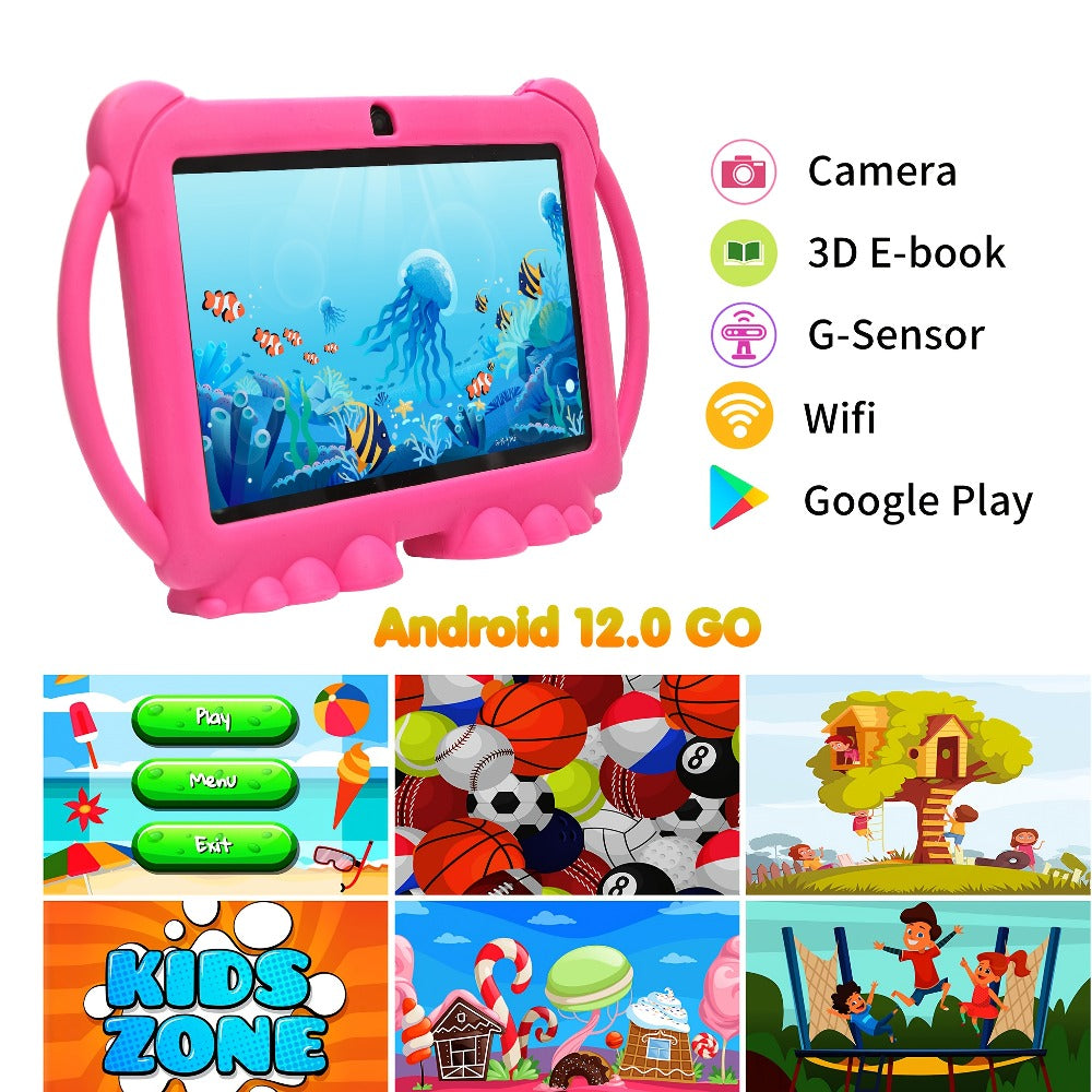 Tibuta 7 Inch Android 12 Kids Tablet – 32GB ROM, 4GB RAM, 2.4G WiFi, GMS, Eye Protection Display, Parental Control, Dual Cameras, Shock-Resistant Cover, Pink, Birthday Christmas Gift for Kids
