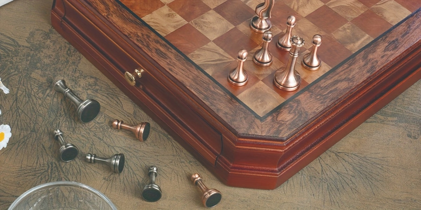 Wooden Chess Set with Metal Pieces & Storage Drawers 12 Inch – 2.5" Kings 2 Extra Queens Vintage Mahogany Board for Adults Beginners, Premium Strategy Game Gift