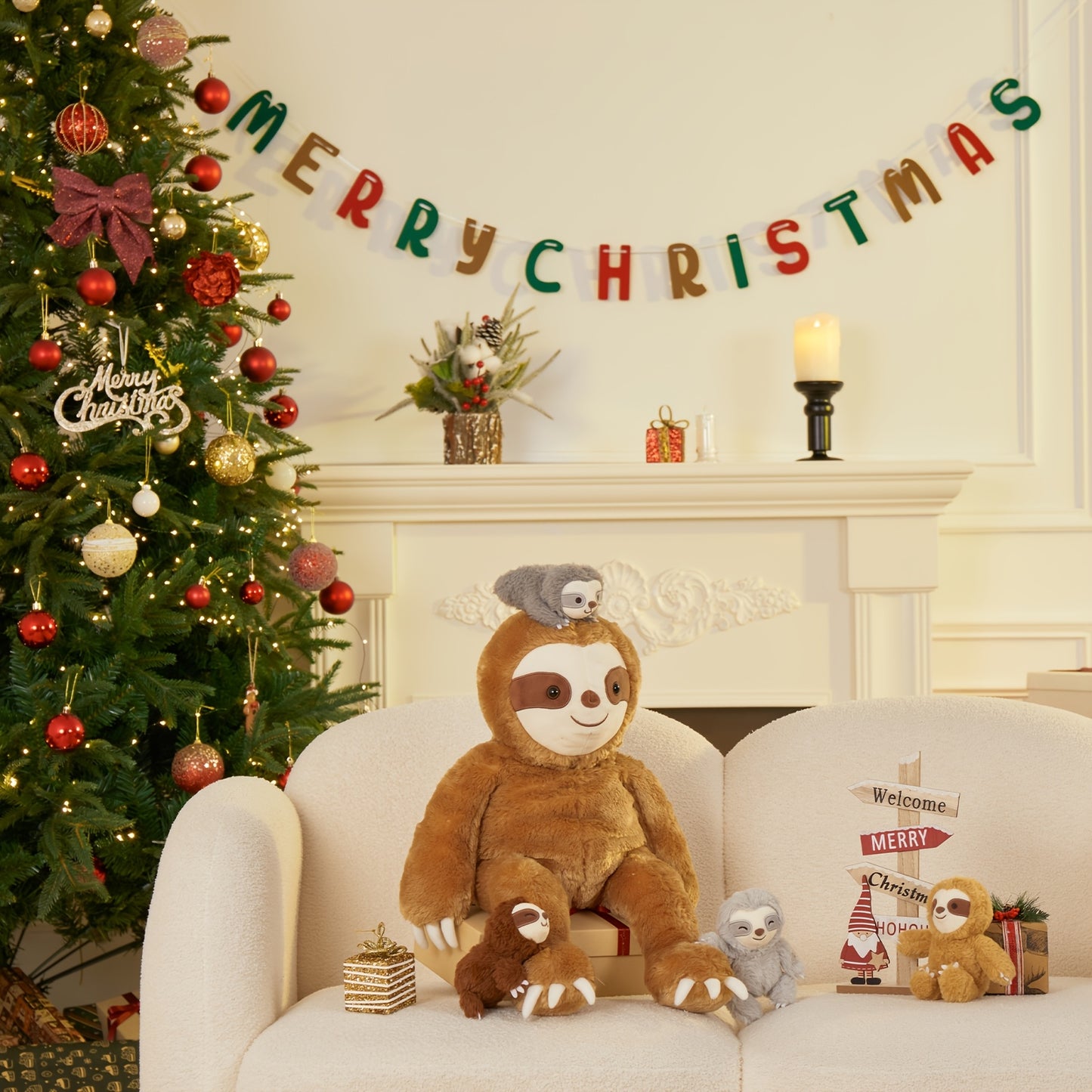 MaoGolan 5pcs Sloth Stuffed Animal Set, 22 Inch Large Stuffed Sloth Plushies with 4 Cute Small Sloth Toy, Realistic Bradypod Plush Toy for Boys Girls Kids, Ideal Gift for Christmas Birthday Halloween Children's Day
