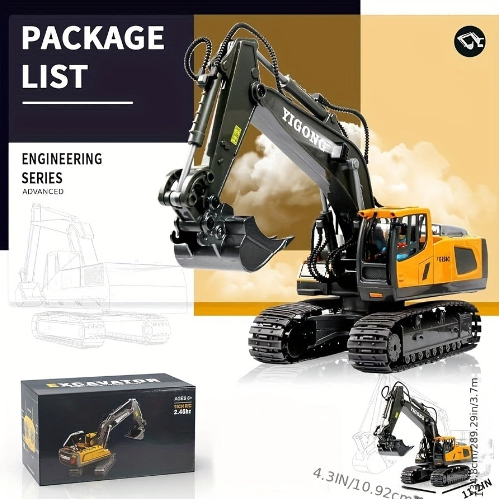 RC Excavator Toy Set for Kids – Remote Control Construction Vehicles with Metal Shovel, LED Lights & 1200mAh Battery, Boys Gift Ages 6+