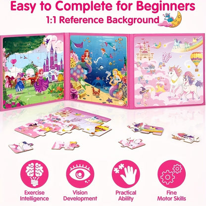 Magnetic Puzzle Book for Girls 3 4 5 6 – 3-in-1 Unicorn Mermaid Princess Travel Puzzles, 20 Pieces Folding Magnetic Jigsaw for Toddlers, Road Trip Car Airplane Activity, Birthday Gift for Little Girls