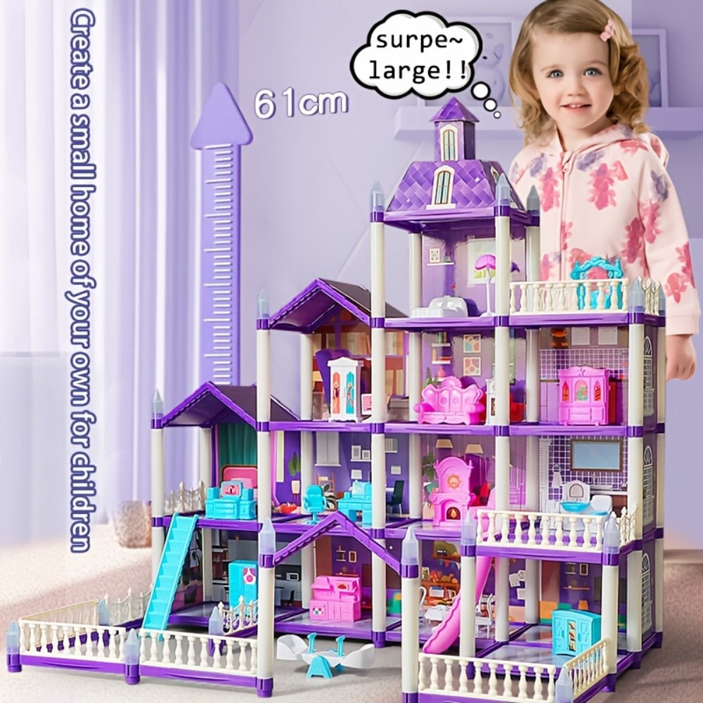 LED Dollhouse Playset for Girls – Purple Multi-Room Playhouse with Doll Figures, Puppies, Furniture & LED Lighting, 6 to 16 Room Options, Creative Imaginative Gift for Girls Ages 3-10 Birthday Christmas