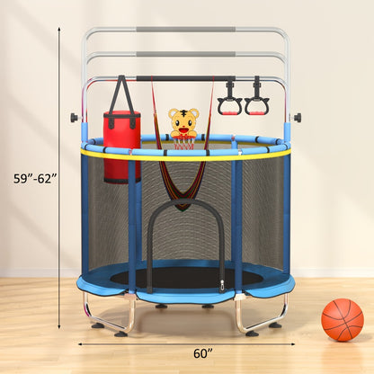 Kids Trampoline with Enclosure and Gymnastics Bar – 60" Height Adjustable Safety Net Trampoline for Toddlers Ages 3+, Indoor Outdoor Active Play with Toys Included | Best Birthday Gift