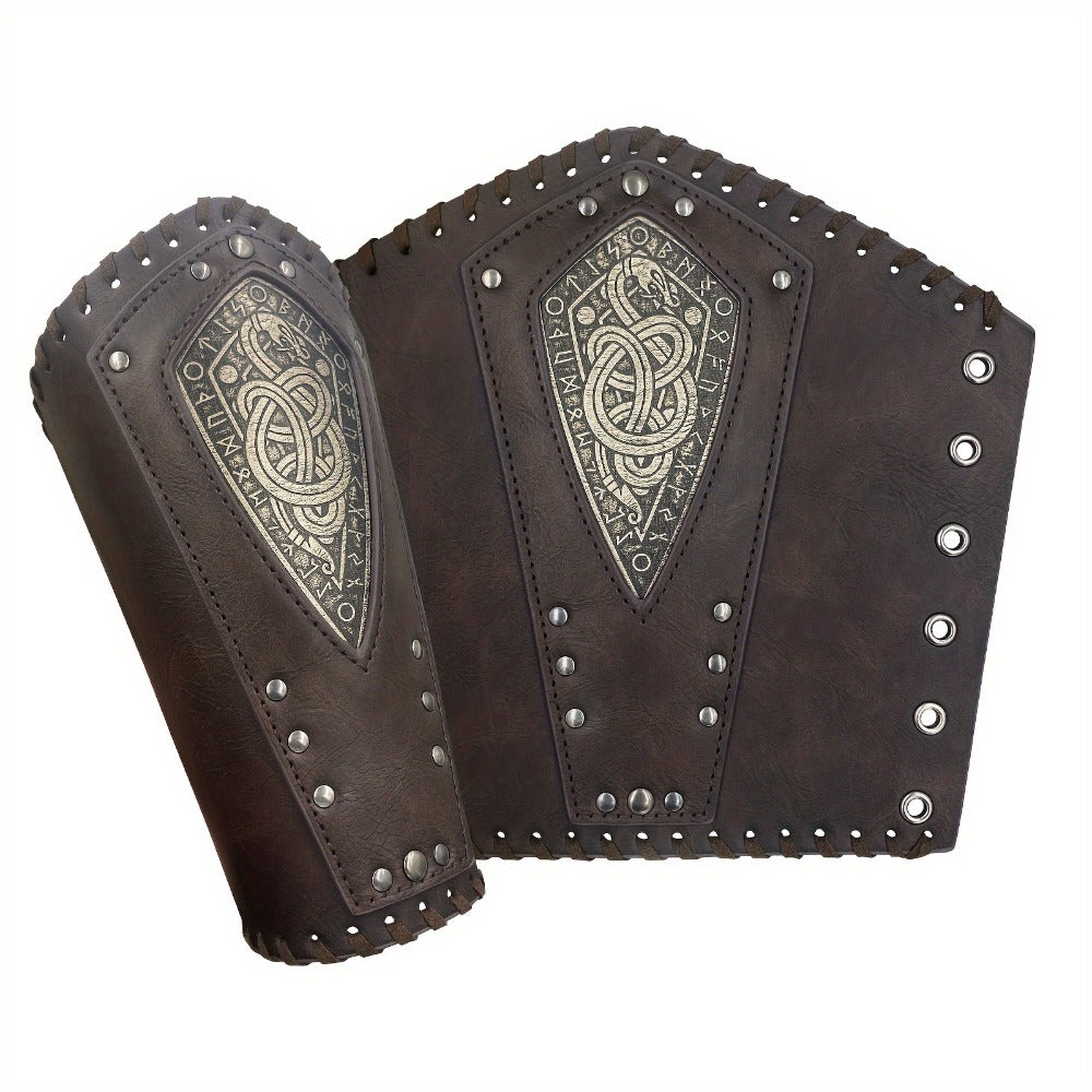 Viking Snake Wrist Guards 2-Pack Medieval Norse Leather Bracers, Nordic Retro Cosplay Props for Halloween LARP Renaissance Faire Costume Accessory, Black & Coffee