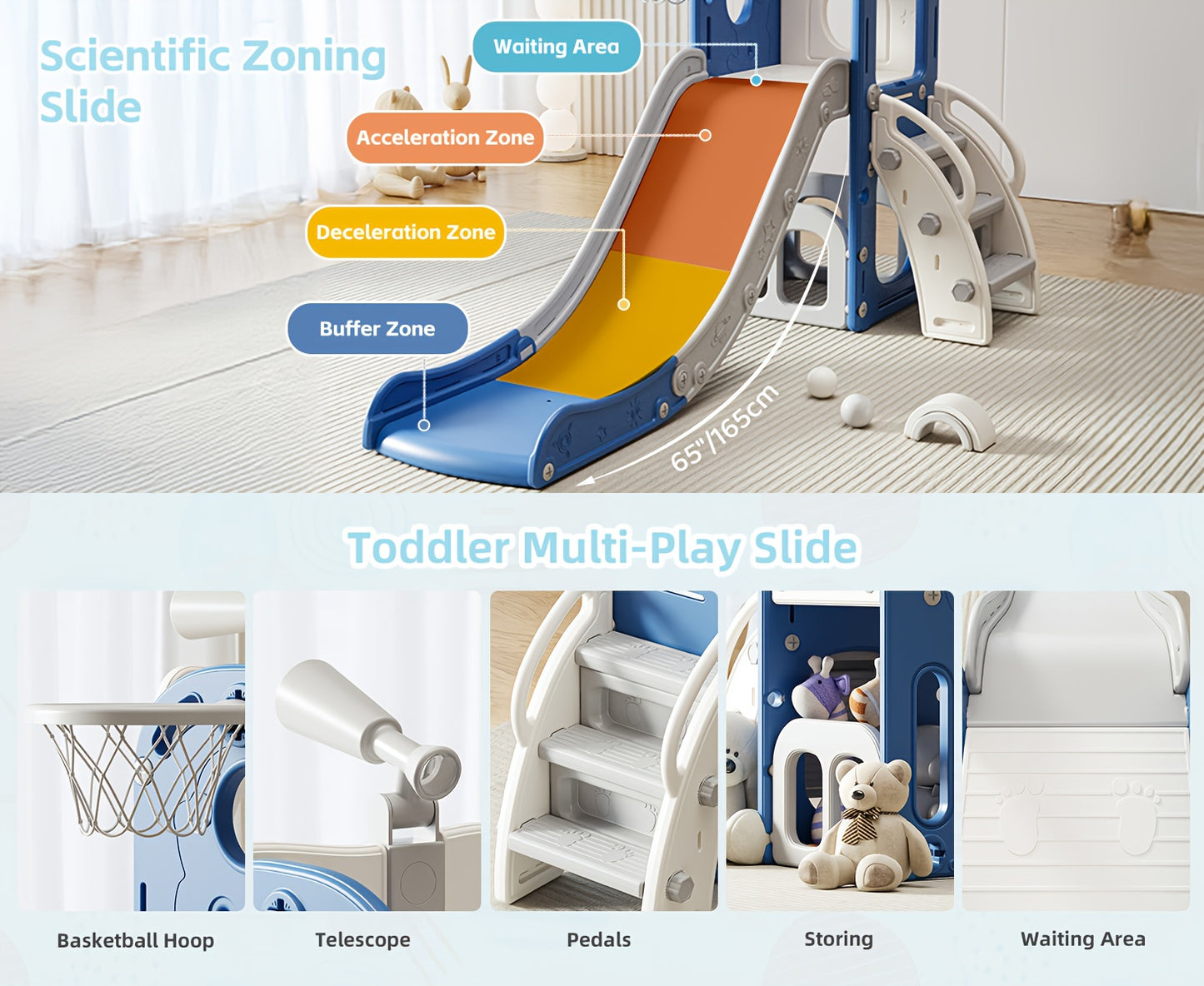 Toddler Slide Kids Climber Slides Baby Slider for Toddler, L Shaped Indoor Outdoor Playground Playset with Basketball Hoop, Storage, Telescope Toy Easy Assembly Gift for Boys And Girls