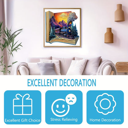 Wooden Jigsaw Puzzle for Adults Galloping Train – 3D Vision Effect Unique Shape Pieces, Book-Style Display, Mountain Sunset Art, Unique Birthday Christmas Holiday Gift for Train Lovers & Puzzle Enthusiasts (S & L Sizes)