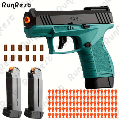 Soft Bullet Toy Gun with Jumping Shell & 2 Magazines – 100 Bullets 12 Shells Auto Rebound Decompression Pistol Shooting Toy for Kids Boys Ages 6+, Indoor Outdoor Play Birthday Gift