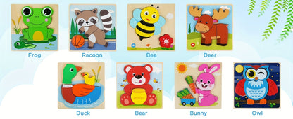 Baby Animal Wooden Puzzles for Toddlers 8 Pack – Infant Learning Toy 12 Months+, Bear Bunny Owl Frog Bee Duck Moose Raccoon, Fine Motor Skills Educational Gift for Boys Girls Christmas Birthday