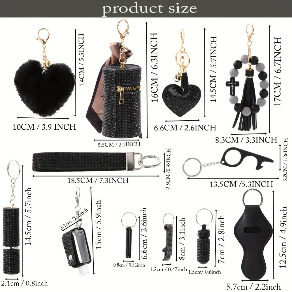 Women's Rhinestone Keychain Set 13-Piece – Safety Gadgets with Window Breaker Whistle Hand Sanitizer Holder Perfume Bottle Beaded Bracelet PU Tassel, Holiday Gift Box for Women