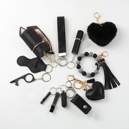 Women's Rhinestone Keychain Set 13-Piece – Safety Gadgets with Window Breaker Whistle Hand Sanitizer Holder Perfume Bottle Beaded Bracelet PU Tassel, Holiday Gift Box for Women