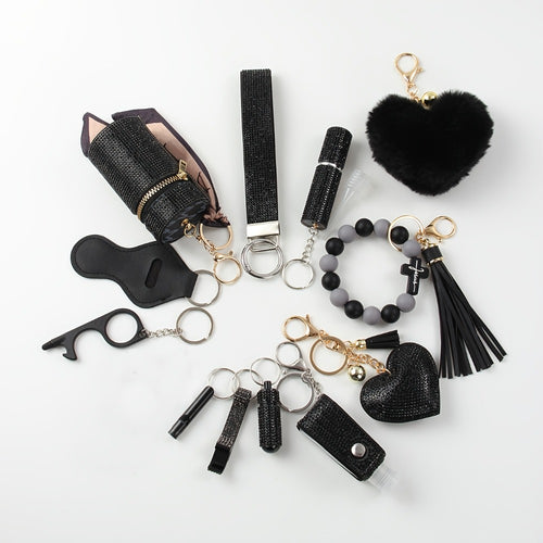 Women's Rhinestone Keychain Set 13-Piece – Safety Gadgets with Window Breaker Whistle Hand Sanitizer Holder Perfume Bottle Beaded Bracelet PU Tassel, Holiday Gift Box for Women