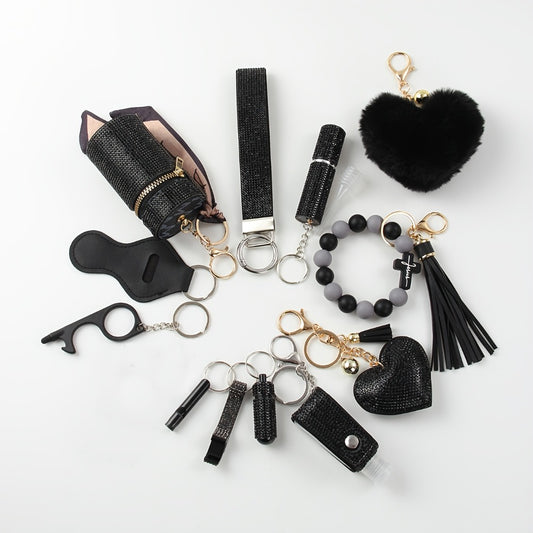 Women's Rhinestone Keychain Set 13-Piece – Safety Gadgets with Window Breaker Whistle Hand Sanitizer Holder Perfume Bottle Beaded Bracelet PU Tassel, Holiday Gift Box for Women