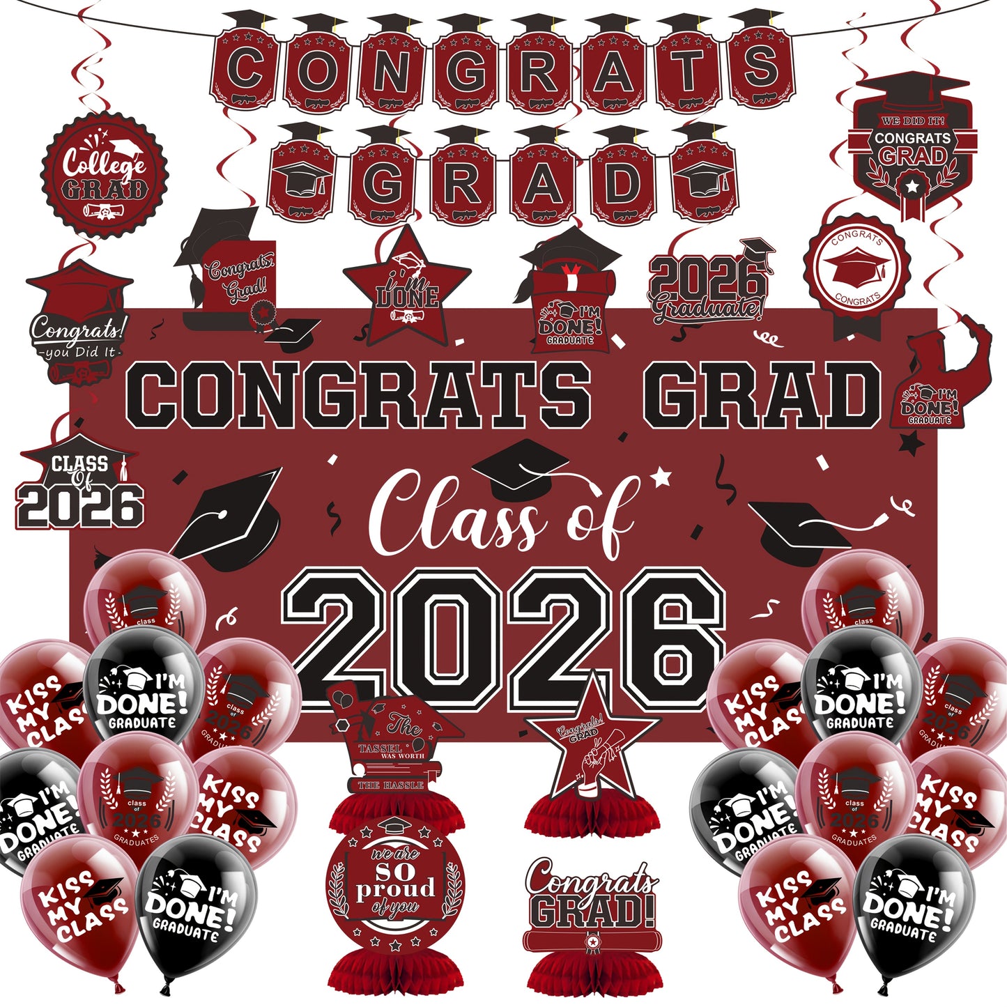 Graduation Decorations Class Of 2026, Golden Themed Graduation Decorations Set, Class Of 2026 Backdrop Banner, Graduation Hanging Swirl, Balloons And Honeycomb Supplies For Graduation Party