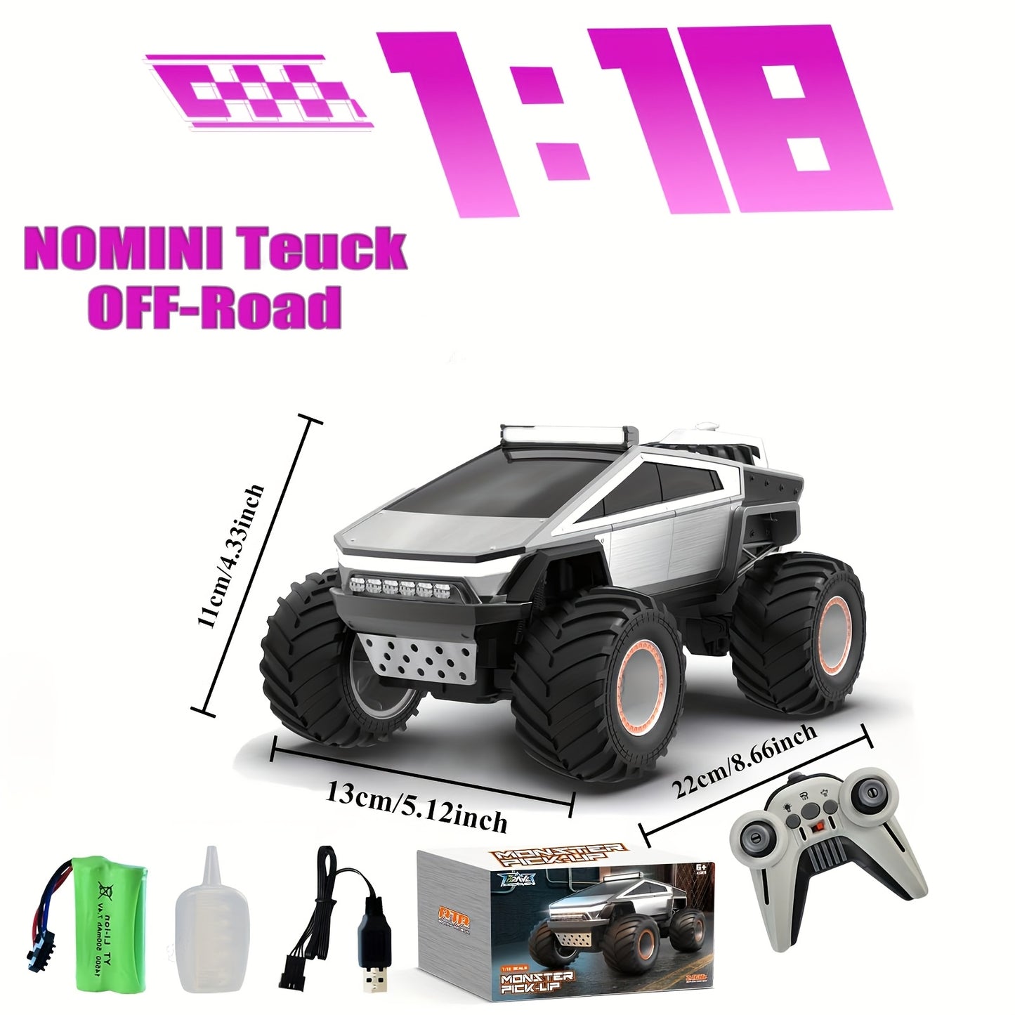[1:14/ 1:18 RC Monster Truck Toy] 2.4GHz 4WD All Terrain RC Monster Truck Toy, Realistic Sound Effects, Off-Road Vehicle with Ergonomic Grip, Off-road Vehicle WithLED Lights, Music, Excellent Grip Big Wheels, Metal Body, Easter Gifts, Christmas Gift