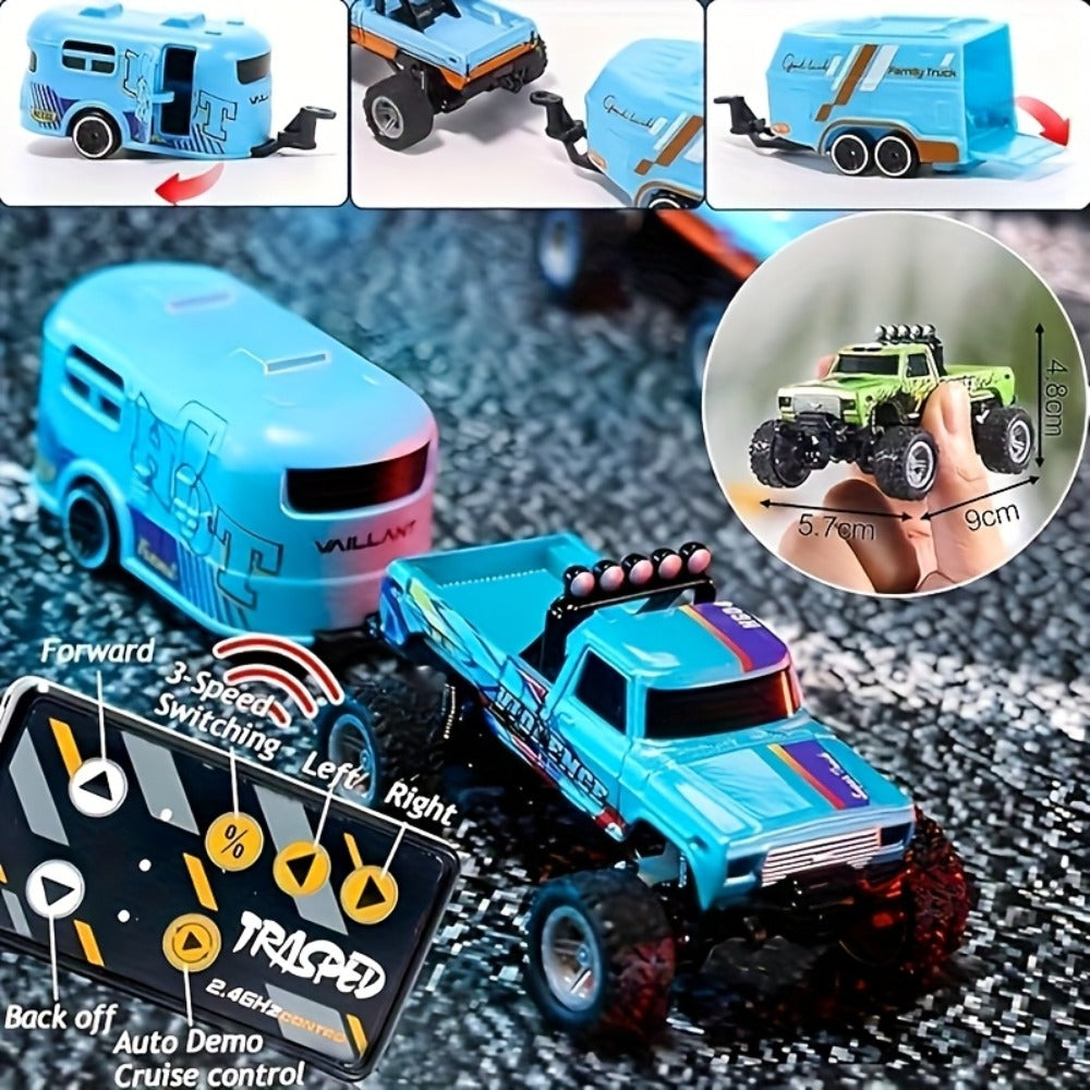 Mini RC Off-Road Truck with Trailer 1:64 Scale Die-Cast Remote Control Car – 2.4GHz Climbing Vehicle with Lights Rechargeable Adjustable Speed | Pocket-Sized RC Toy for Boys | Best Birthday Christmas Gift