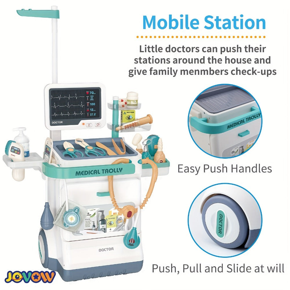 Kids Doctor Kit Medical Cart Set – Movable Toy Trolley with Stethoscope, Thermometer & Medical Accessories, Doctor Nurse Role Play Toy, Birthday Gift for Boys & Girls Ages 3+