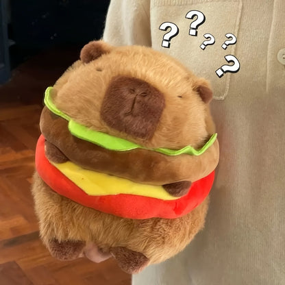 Capybara Plush Stuffed Animal Hamburger — Funny Cute Kawaii Capybara with Burger Hat Soft Plush Toy, Couch Pillow Doll, Unique Gift for Girls Kids Teens, Birthday Christmas Gift