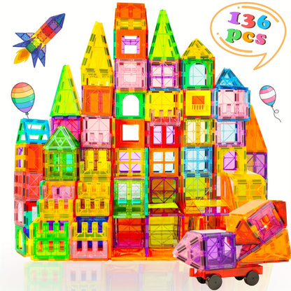 Magnetic Tiles Building Set for Kids 3 4 5 6 7 8 – 80 106 136 205pcs Clear 3D Magnet Building Blocks STEM Educational Toy Child-Safe ABS Creative Birthday Christmas Gift Boys Girls