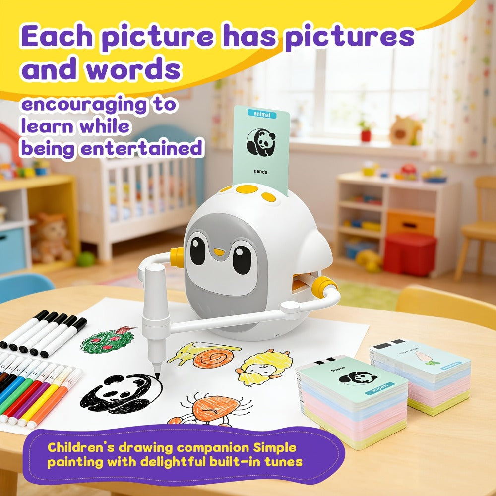 Drawing Robot for Kids with 200 Learning Cards & 12 Color Pens | Interactive Educational Toy, Tablet-Free Drawing Game, Step-by-Step Lessons, Suitable for Boys & Girls Ages 3+, ABS Material, USB Charging
