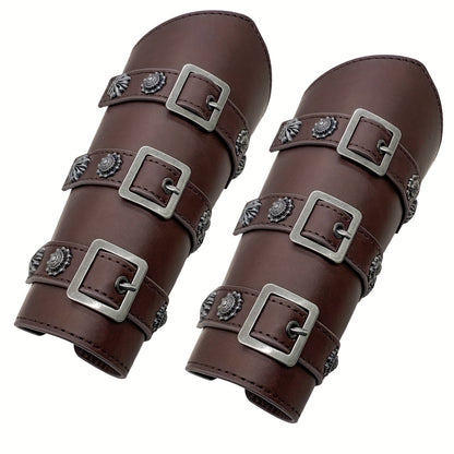 Viking Medieval Leather Arm Guards Bracers – PU Leather Knight Gauntlets Adjustable Metal Buckles Rivets for Men Women Halloween Cosplay LARP Renaissance Fair Stage Costume Dark Brown Khaki Black