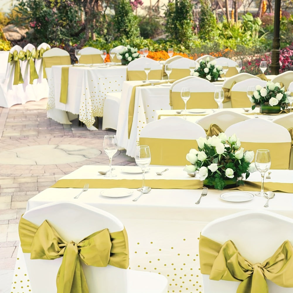 Disposable Tablecloth & Table Runner Set 10 Pack White & Gold Plastic Party Table Covers for Wedding, Birthday, Graduation, Anniversary – Elegant Party Decorations Bulk