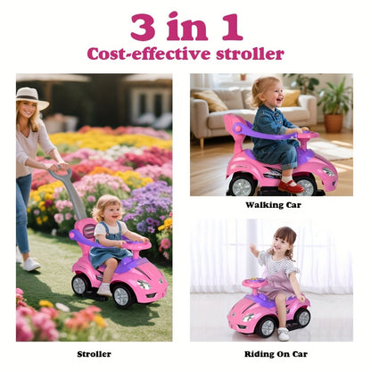 3-in-1 Toddler Push Ride & Walker Car – Baby Ride-On Toy with Guardrail, Music & Under-Seat Storage for Ages 18–36 Months | Indoor Outdoor Safe Play | Pink, Red