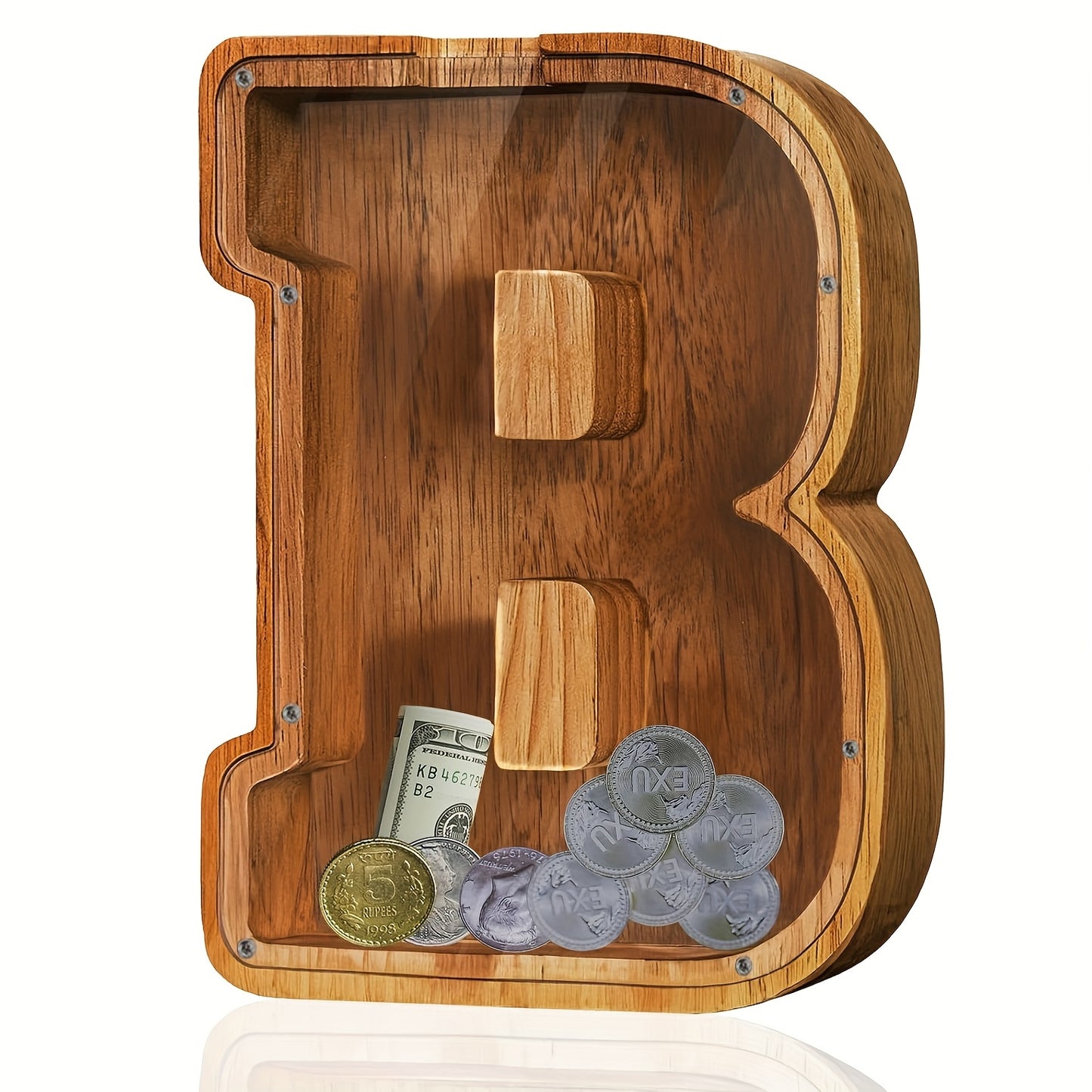 [Christmas New Year Birthday] Wooden Alphabet Money Bank - Large-Size With 26 Letters, Coin Savings Jar For Christmas, New Year And Birthday Gifts