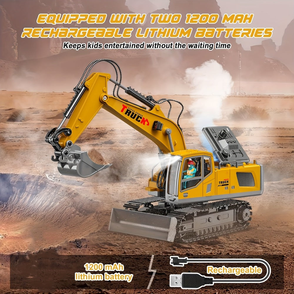 RC Excavator Toy 1200mAh 120-Min Battery Life with Metal Shovel & LED Lights – 13CH/17CH Remote Control Construction Truck for Boys Ages 8+, Birthday Christmas Gift (Yellow/Gray)