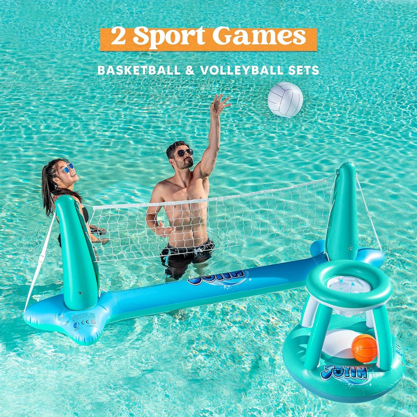 SYNCFUN Inflatable Pool Float Set Volleyball Net & Basketball Hoops, Floating Swimming Game Toy for Kids And Adults, Summer Floaties, Pool Party Games & Activities, Volleyball Court (105''x28''x35'') Basketball (27''x23''x27''), L-Blue