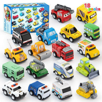 Pull Back Cars Toy Set 18pcs for Kids, Mini City Vehicles with Fire Truck Police Car School Bus, Friction Powered Toy Cars for Boys Girls Ages 3+ Party Favors Gift