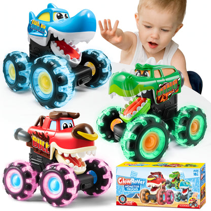 3 Packs Monster Truck Toy for Kids, Motion Activated Light-Up Cars for Toddlers - Monster Glow Rover LED Lightning Wheels, Press And Go Dinosaur Trucks, Baby Toy Present, Perfect Easter Birthday Gifts for Boys And Girls Age 708.66inch+