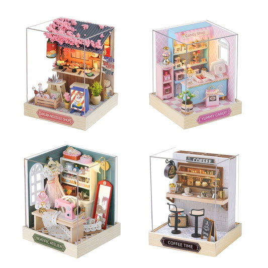One Wooden Dollhouse Kit Featuring a Dust Cover, Perfect for Mini Shop Assembly. Ideal for Home Decor And As a Gift for Christmas, Thanksgiving, Or Birthdays (Glue And Batteries Not Included)