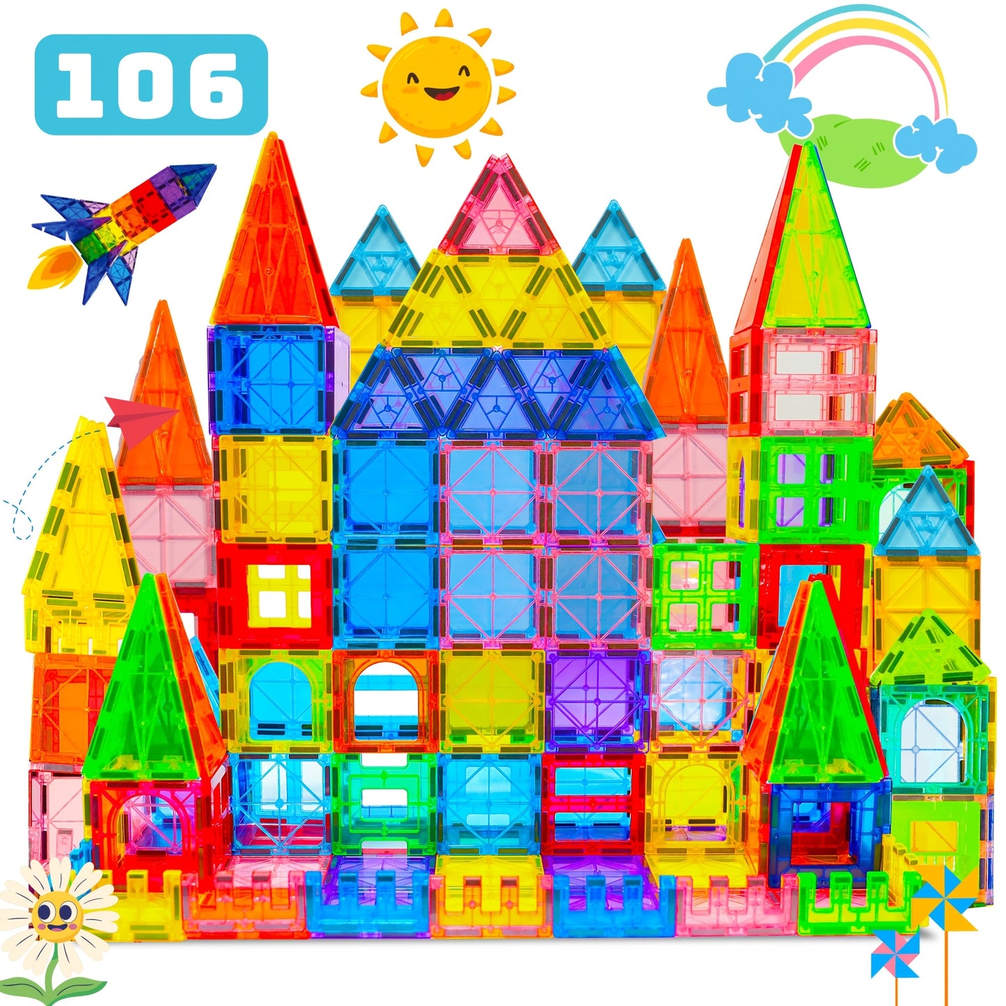 [Birthday Gifts] 80/106/136pcs Magnetic Tiles for Kids, Magnetic Building Blocks With 2 Cars, Magnet Tiles Construction Building Toys, STEM Sensory Toys Birthday Gifts Toys for Kids Boys Girls 3 4 5 6 7 8 9+ Year