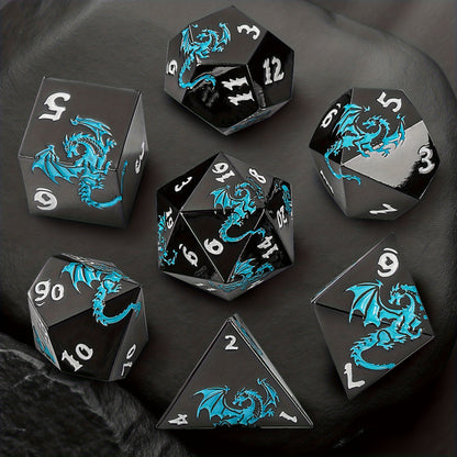 7pcs Of Retro Metal Dice Set, Finely Carved Pattern Fonts And Dragon Patterns, Including A Storage Bag with Dragon Patterns, Essential for TRPG Games, Tabletop Role-playing Game Props, Polyhedral Dice, D20 D12 D10 D8 D6 D4, Handmade Polishing