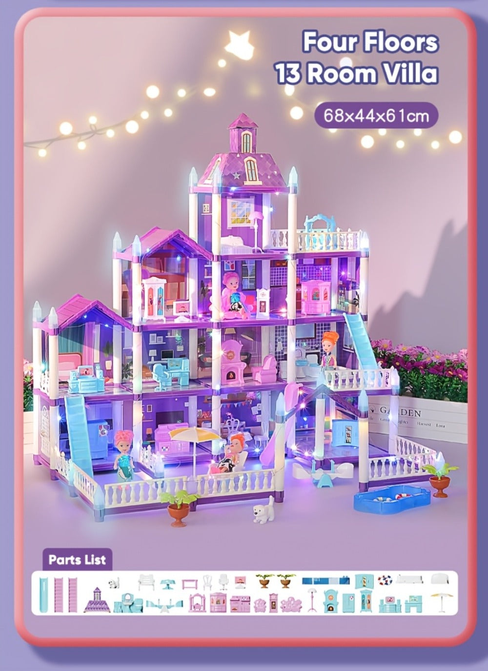 LED Dollhouse Playset for Girls – Purple Multi-Room Playhouse with Doll Figures, Puppies, Furniture & LED Lighting, 6 to 16 Room Options, Creative Imaginative Gift for Girls Ages 3-10 Birthday Christmas
