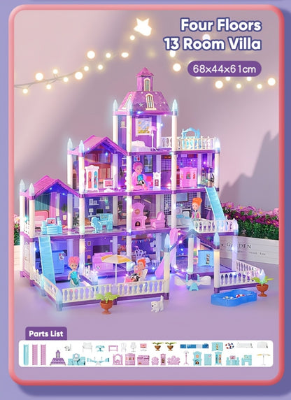 LED Dollhouse Playset for Girls – Purple Multi-Room Playhouse with Doll Figures, Puppies, Furniture & LED Lighting, 6 to 16 Room Options, Creative Imaginative Gift for Girls Ages 3-10 Birthday Christmas
