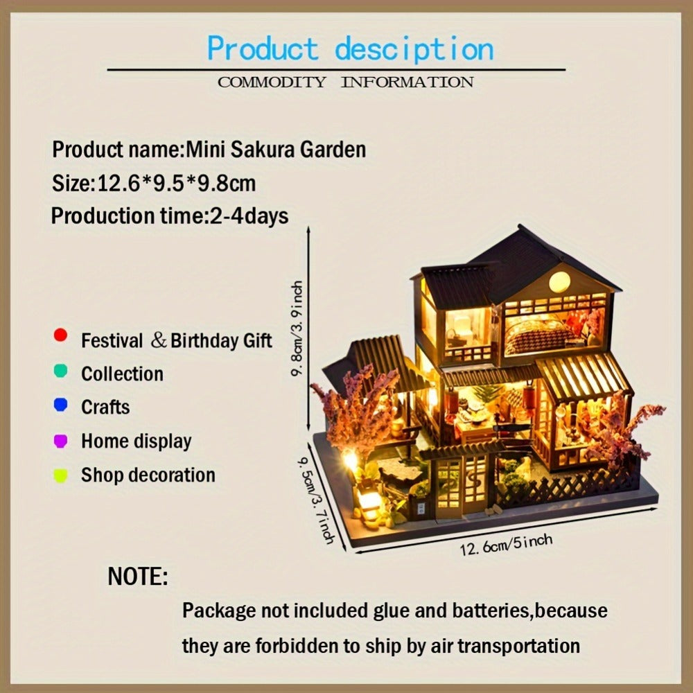 DIY Miniature Dollhouse Kit Sakura Garden Japanese Style – Wooden Tiny House with Tatami Flooring & Furniture, Handmade Creative Build for Adults Teens & Kids, Collector Display Gift Birthday Christmas