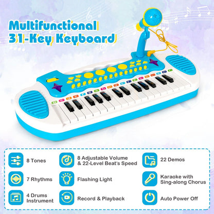 COSTWAY 31-Key Piano Toy, Portable Musical Instrument W/ Multiple Sounds And Light Effect, Adjustable Microphone And Stool, Cute Toy Keyboard for Boys And Girls, Gift for 3+, Blue