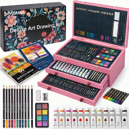 172 Piece Deluxe Art Set in Wooden Case with 2 Drawing Pads Crayons Acrylic Paints Colored Pencils Professional Art Kit Gift Box for Artists Beginners Ages 8+ Birthday Christmas