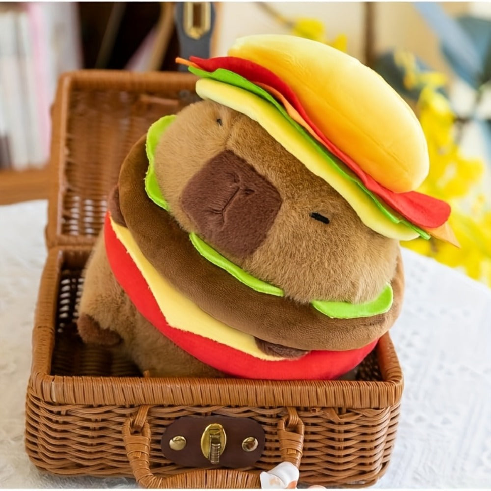 Capybara Plush Stuffed Animal Hamburger — Funny Cute Kawaii Capybara with Burger Hat Soft Plush Toy, Couch Pillow Doll, Unique Gift for Girls Kids Teens, Birthday Christmas Gift