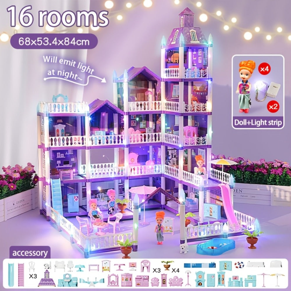 LED Dollhouse Playset for Girls – Purple Multi-Room Playhouse with Doll Figures, Puppies, Furniture & LED Lighting, 6 to 16 Room Options, Creative Imaginative Gift for Girls Ages 3-10 Birthday Christmas