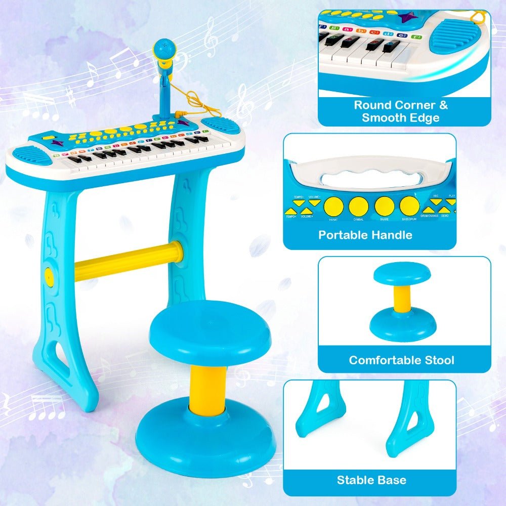 COSTWAY 31-Key Piano Toy, Portable Musical Instrument W/ Multiple Sounds And Light Effect, Adjustable Microphone And Stool, Cute Toy Keyboard for Boys And Girls, Gift for 3+, Blue
