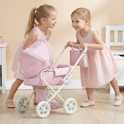 3-in-1 Baby Doll Stroller Set Pink – Foldable Pram with Removable Bassinet & Carry Bag for 14-24 Inch Dolls, Swivel Wheels Adjustable Handle, Role Play Nursery Gift for Girls Ages 3-12