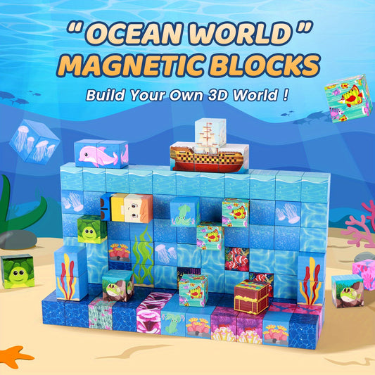 100/ 54pcs Magnetic Building Blocks Ocean Adventure Set, STEM DIY play for imagination and handeye co ordination, ocean theme with vibrant colors, 3D treasure hunt fun, great birthday Christmas gift