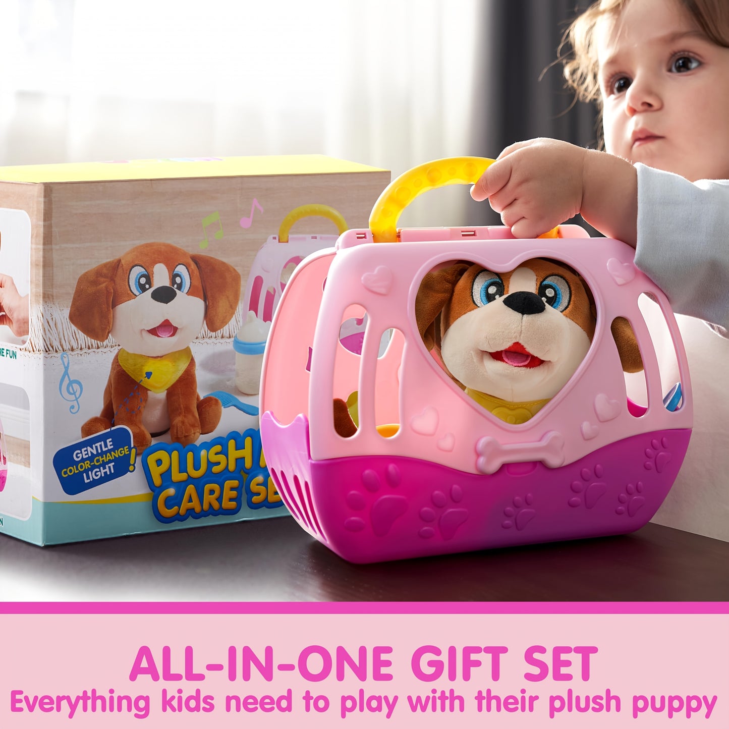 SYNCFUN Interactive Plush Dog Toy Suitable for Kids with Carrier & Accessories - Responsive Puppy with Music, Lights & Sounds, Soft Pet for Gifts, Birthday Presents for Girls 18 Months+