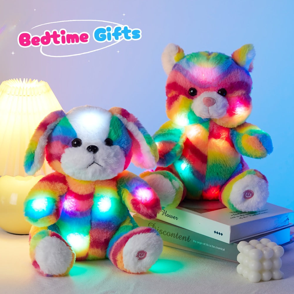 Rainbow Cat Plush Toy Glow in the Dark Musical Stuffed Animal Soft Kawaii Glowing Kitty Night Companion Doll Birthday Mother's Day Gift for Kids Girls Cat Lovers Room Decor