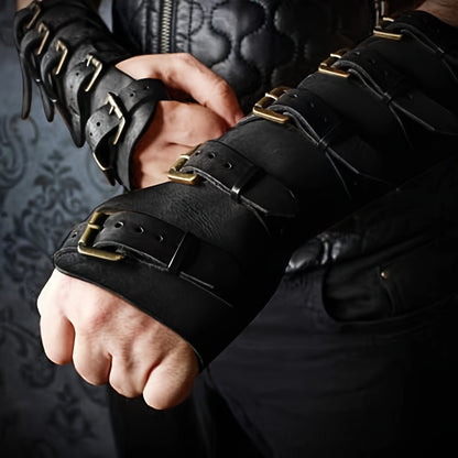 Medieval Embossed Faux Leather Elf Arm Guards, Fantasy Cosplay Buckle Bracers, Knight Archer Gauntlets for LARP